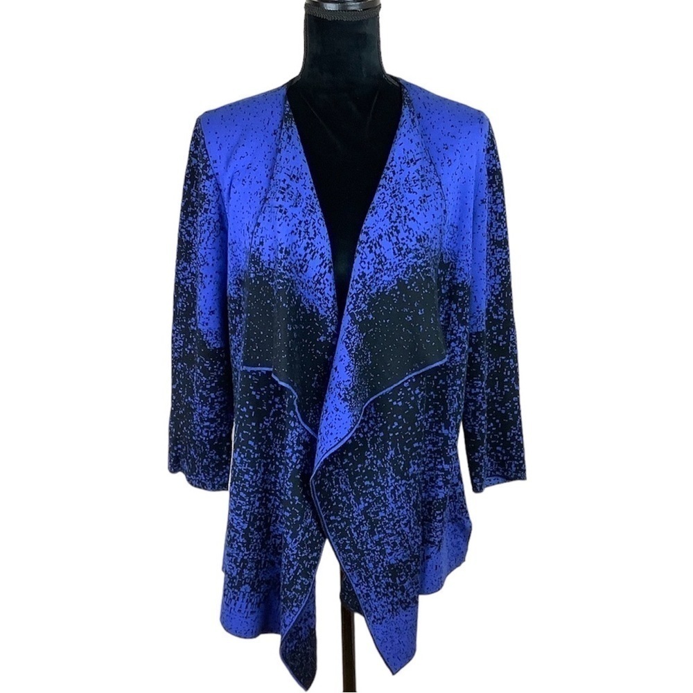 KASPER COLORBLOCK BLUE BLACK OPEN FRONT ASYMMETRICAL CARDIGAN